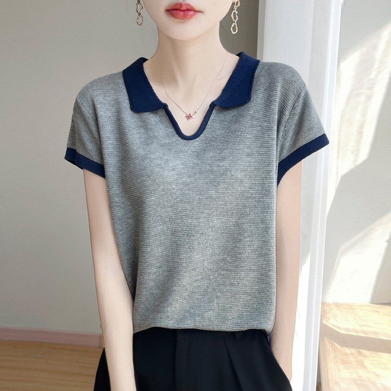 薄款天丝苎麻剪刀polo领拼色短袖T恤女夏季气质显瘦正肩套头上衣