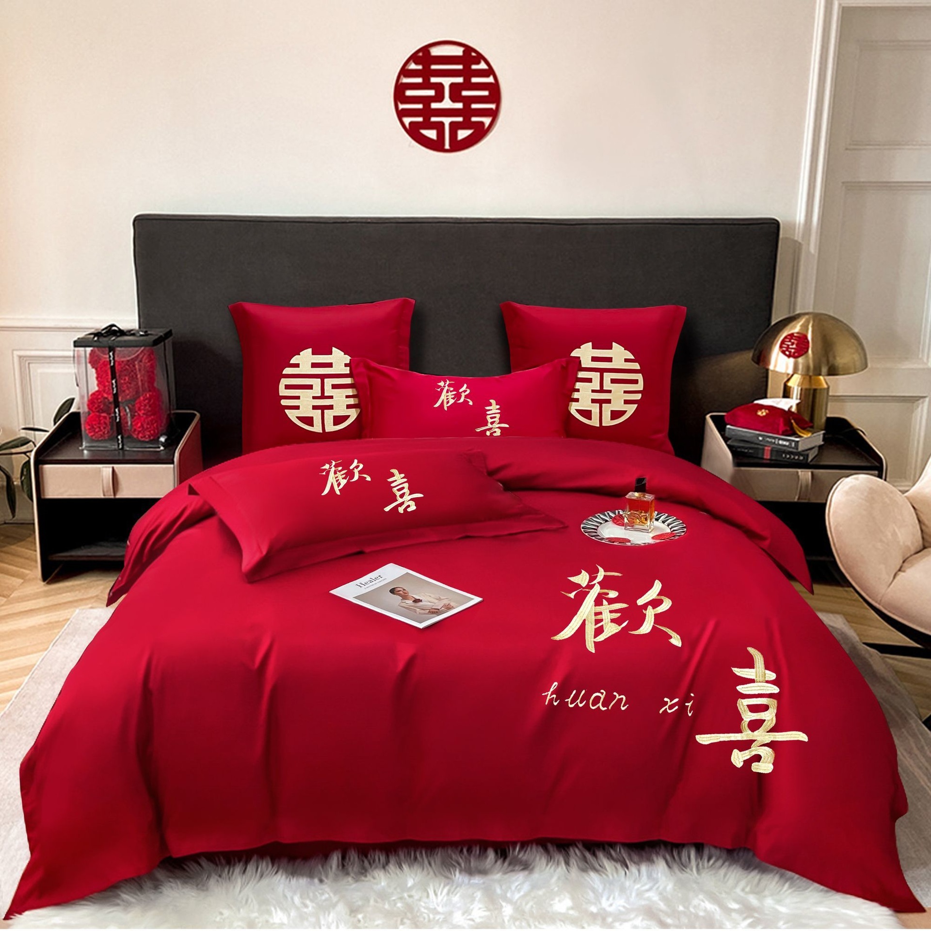 Cuatro piezas de boda china dragón-fénix bordado sábanas de boda rojas casa de boda colcha de cama image 12