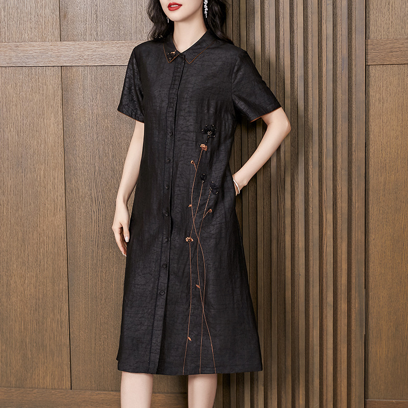 Xiangyun Yarn Silk dress Women's Vintage Elegant plus size Mother's Embroidered Shirt Loose Mulberry Silk A- Line Skirt Xiangyun Yarn Silk dress Women's Vintage Elegant plus size Mother's Embroidered Shirt Loose Mulberry Silk A- Line Skirt