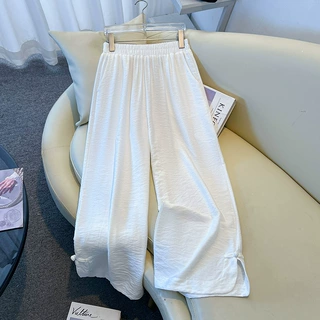实拍新中式夏季薄款改良重工高级感淑女宽松显瘦新款阔腿直筒长裤