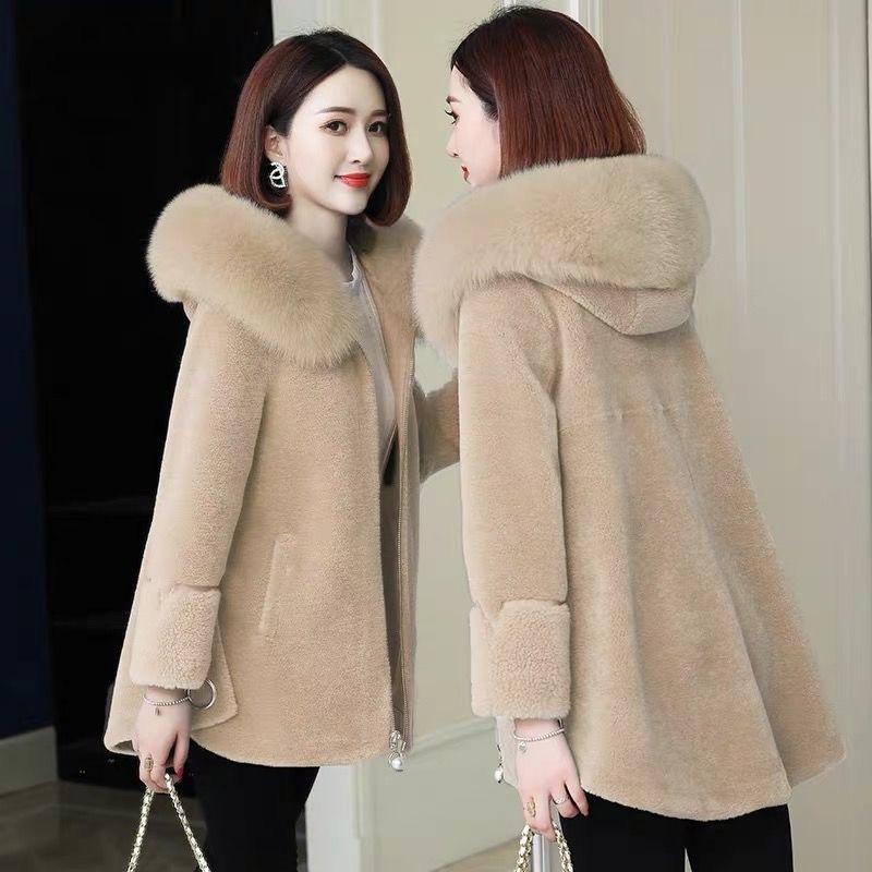 New Women's Cashmere Wool Fur Coat New Lamb Wool Real Fox Fur