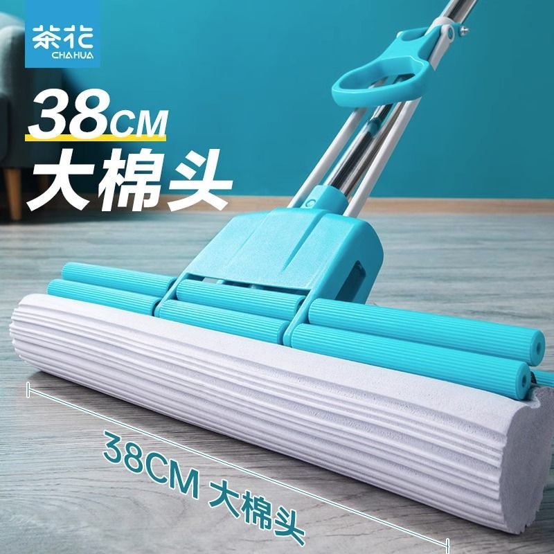 茶花拖把胶棉家用海绵免手2023懒人新款拖布一拖滚轮吸水拖地