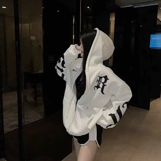 新款秋冬潮牌字母时尚连帽情侣卫衣加绒加厚长袖宽松大码外套女