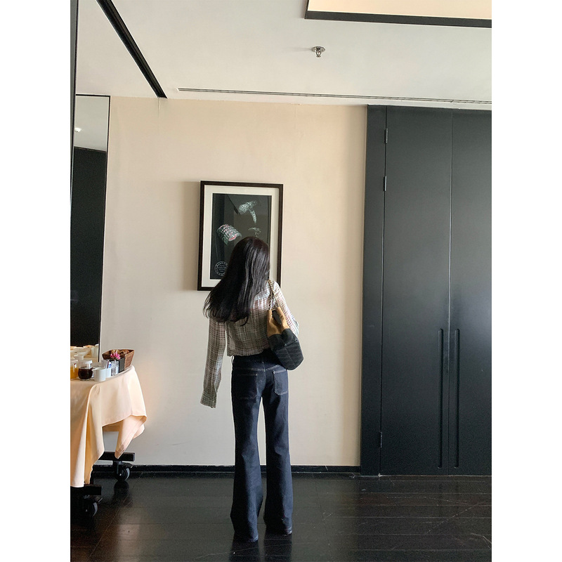 欧阳微喇牛仔裤女秋季高腰修身显瘦弹力拖地长裤直筒复古裤子|undefined