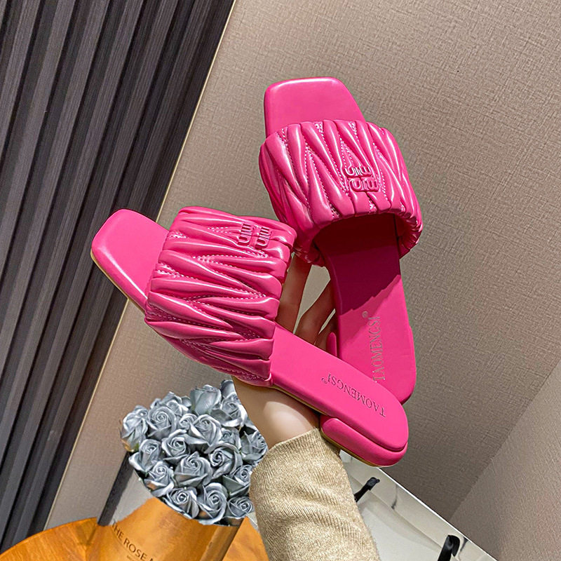 Dép lê nữ mùi vuông đế bằng chống trơn thoải mái đi ngoài trời — Màu Đen (không có chữ cái), Pink (không có chữ cái), Trắng sữa (không có chữ cái), Xanh sữa (không có chữ cái)