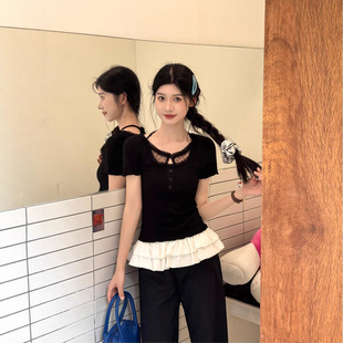 Lace Splicing Short-Sleeved T-Shirt for Women Korean Pure Desire Black 2025 New Fashionable Summer Chic Sexy Top