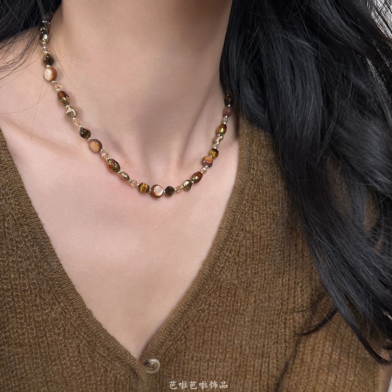 Maillard Tiger Eye Stone Coffee-Colored Pearl Beaded Necklace with a High-End Feel for Women, 2025 Autumn and Winter New Sweater Chain