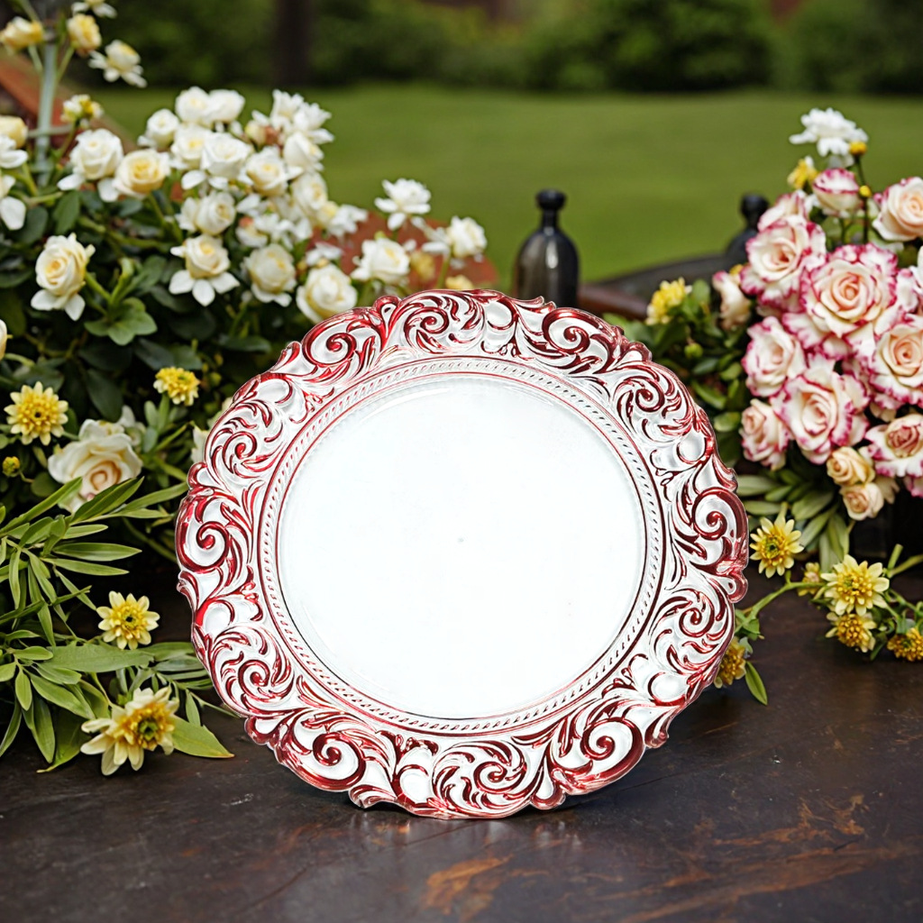 Fábrica directa de platos de banquete europeos platos de fiesta almohadilla de aislamiento térmico almohadilla de comedor occidental de fondo blanco borde rojo