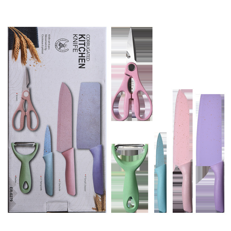 [En stock] paja de trigo coloridos cuchillos de cocina Juego de 5 piezas Internet celebridad Acero inoxidable 3 piezas traje cuchillos