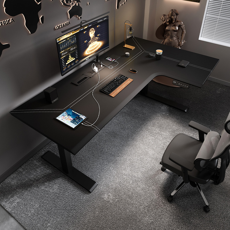 Corner Electric Lifting Table L-shaped Corner Leather Surface Solid Wood Workbench Desk Home Computer Desk Learning Desk