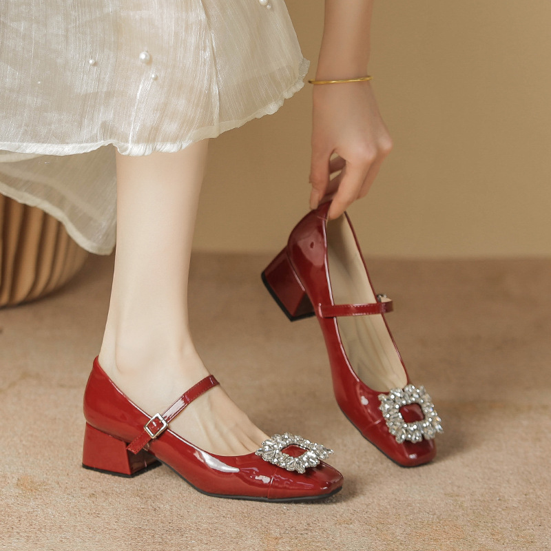 Wedding Shoes Bridal Shoes Temperament Rhinestone Square Toe Shallow Mouth Red Retro Mary Jane French Thick Heel High Heels