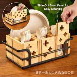 木质餐具盒厨房分格烹饪工具刀叉筷子收纳盒吸管纸盘储物盒餐具架