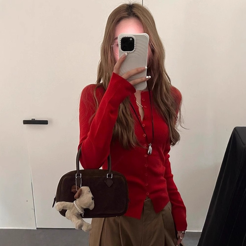 复古高级感多扣设计圆领针织开衫女秋冬新款修身显瘦内搭长袖上衣|undefined