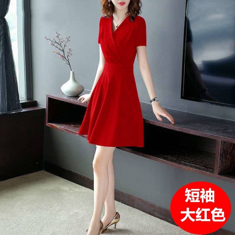 黑色中长款连衣裙小黑裙新款女夏装V领短袖中长显瘦气质A字裙子|undefined