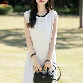 女装新款夏季无袖连衣裙女圆领拼色阔版宽松休闲减龄洋气背心长裙