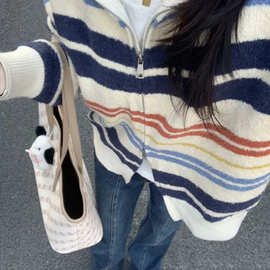 Rainbow striped high neck double zip knitted cardigan female