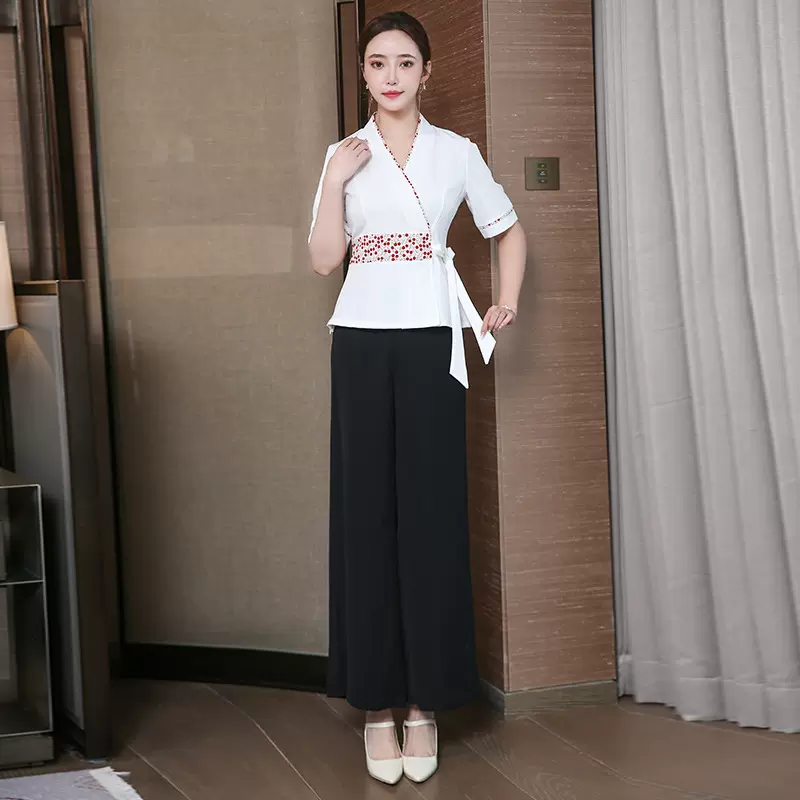 荟延美容院养生馆套装足浴足疗技师工衣美容师工作服女印花两件套