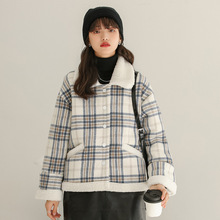 2021冬季新款韩版羊羔毛呢格子宽松翻领外套女加绒加厚小个子棉衣