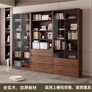 Solid Wood Bookcase Storage Cabinet Integrated Household Living Room Wall Display Cabinet Storage Rack with Glass Door Wall Floor Cabinet