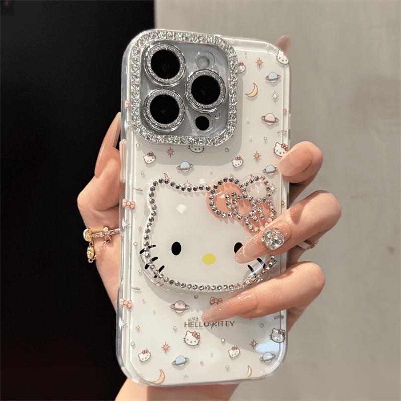 镶钻kitty猫镜子适用苹果16promax手机壳新款iPhone15Pro高级14pl|undefined
