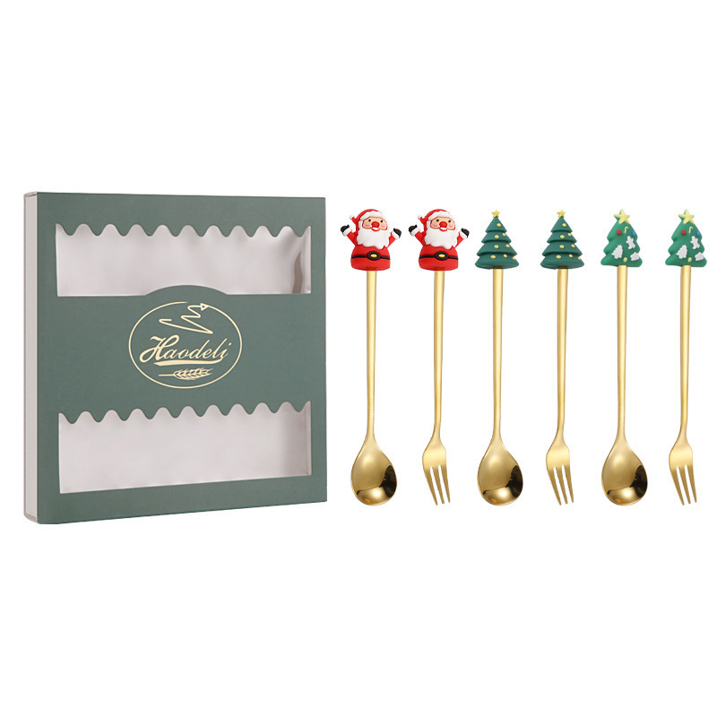 クリスマススプーンセット クリスマス食器ギフト2点セット デザートスプーンとフォーク サンタクロースとトナカイのフィギュア付きスプーン|undefined