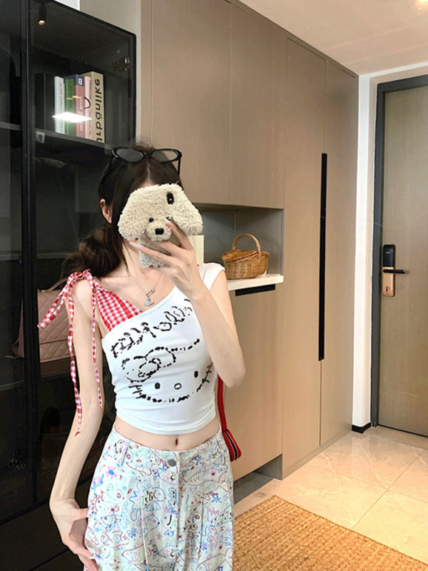 白い格子はkittyの肩のベストtシャツの女性の夏のデザイン感をつなぎ合わせます。|undefined