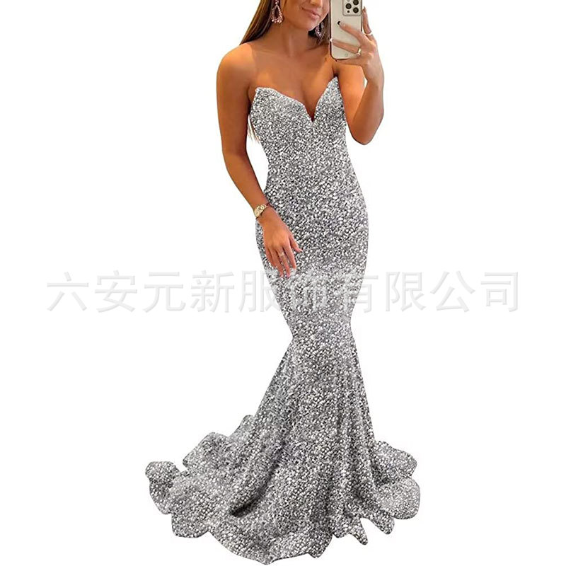 Europeo y americano Comercio exterior Amazon nuevo lentejuelas fishtail sexy V-cuello adelgazamiento largo banquete bola fiesta vestido de noche image 5