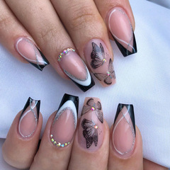 Dark Fantasy Sweet Cool Butterfly Accesories Nail, Simple French Style Beauty Nails, Mid-Long Diamond Style Artificial Nails, Black and White Striped Nail Art