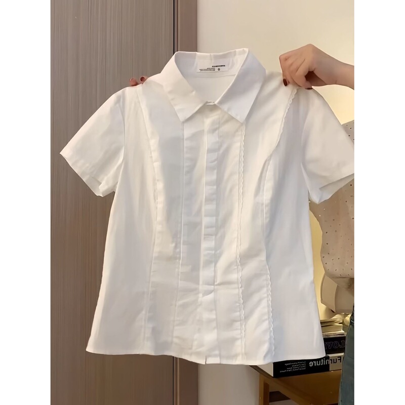 100% Cotton Sweet White Short-Sleeved Shirt for Women, College Style White Shirt with Lace Trim, Slim Fit Summer Top, New Style