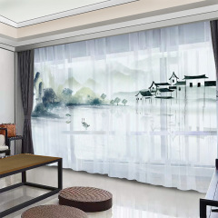 A5L Modern Chinese Style Curtain Landscape Painting for Bedroom Living Room Study Bay Window Ink Wash Painting Sheer Curtain Tea House Curtain Fabric