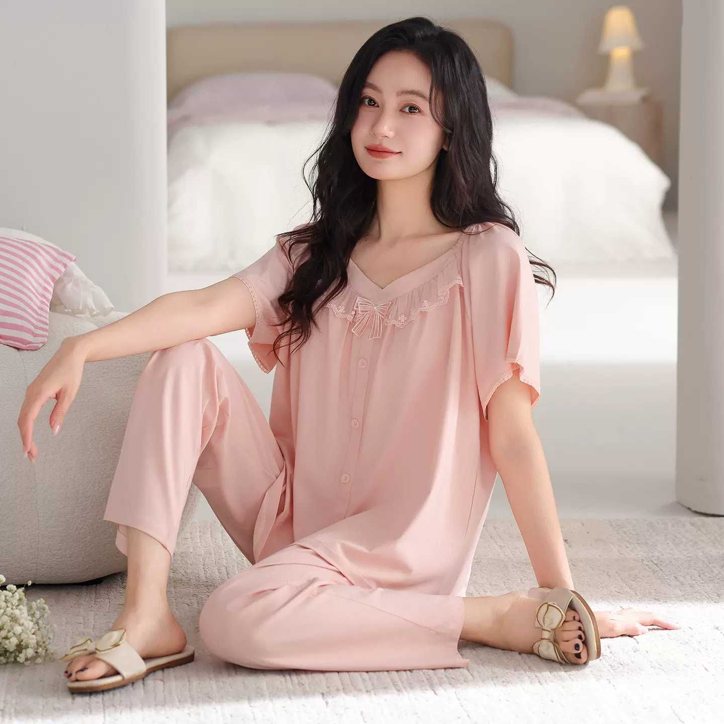 带胸垫睡衣女夏季纯棉宫廷风高级感可外穿夏款短袖大码家居服女