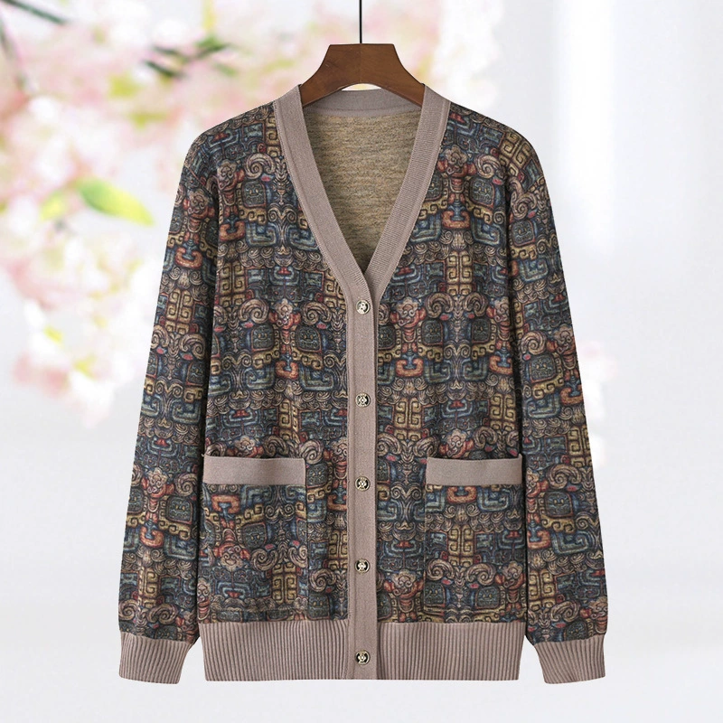 2024 средний и пожилой костюм новая мама весна и осень мода дикий цвет V-образный вырез свободный вязаный кардиган бабушка куртка