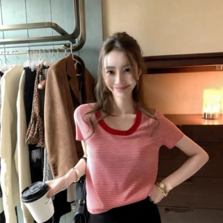正奇特服饰/2026春夏【显白】细彩条针织 U领撞色条纹休闲短袖T恤