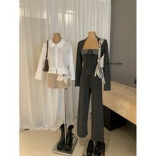 熹凤梨WGWE8661慵懒复古连帽针织外套背心套装微喇叭休闲裤三件套