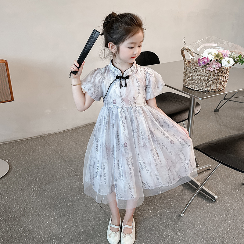 Summer Mandarin Collar Dress for Girls 2024 New Revised Version Hanfu Summer Wear Chinese Baby Princess Skirt Children's Dress