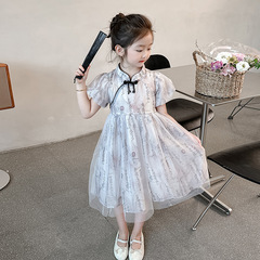 Summer Mandarin Collar Dress for Girls 2024 New Revised Version Hanfu Summer Wear Chinese Baby Princess Skirt Children's Dress