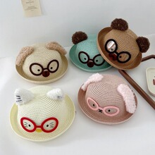 夏季儿童防晒可爱眼镜小猫耳朵毛绒空顶帽女出游百搭显脸小太阳帽