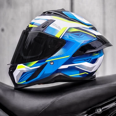 Motosiklet kaskı (dəbilqə) — riding, full-face motorcycle helmet - blue-speed-black-tea-mirror-free-transparent-mirror-m55-56cm