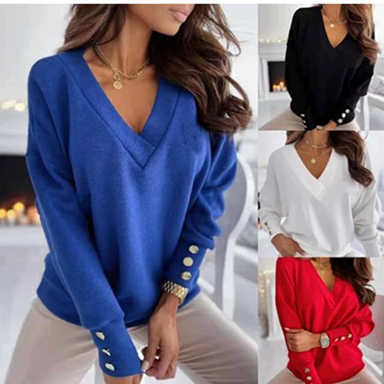 Women V Neck Button Sweatshirt Loose Long Sleeve Autumn Winter
