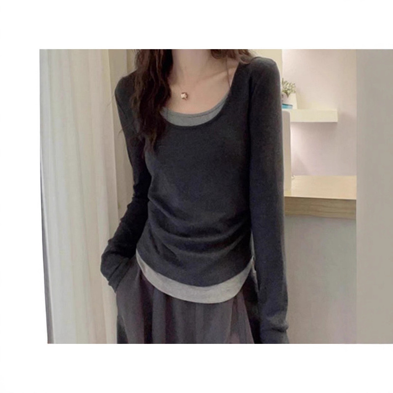 Plus Size Autumn Slimming Color-Block Fake Two-Piece Long-Sleeve T-Shirt for Women, Simple Casual Trendy Regular Shoulder Top