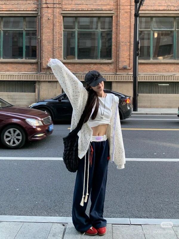 jennie同款小标绑带撞色腰可束脚直筒裤女秋季新款宽松情侣休闲裤|undefined