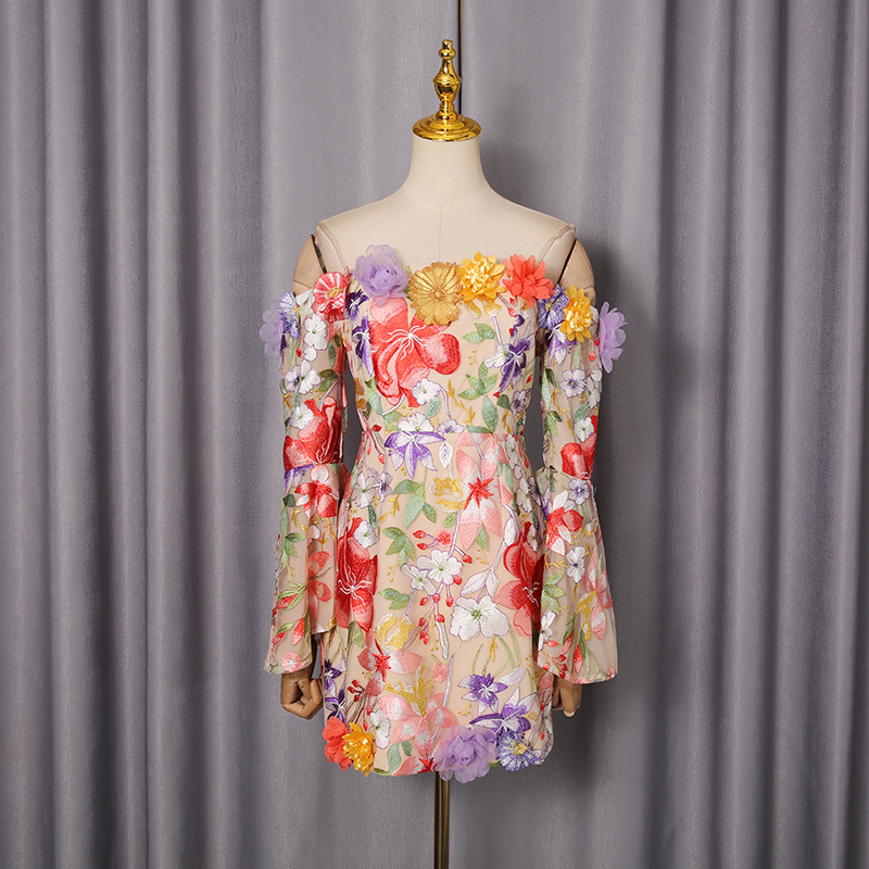 Three Dimensional Floral Cluster Embroidered Bell Sleeve Retro Dress off Neck Dress 15 Three Dimensional Floral Cluster Embroidered Bell Sleeve Retro Dress Off Neck Dress