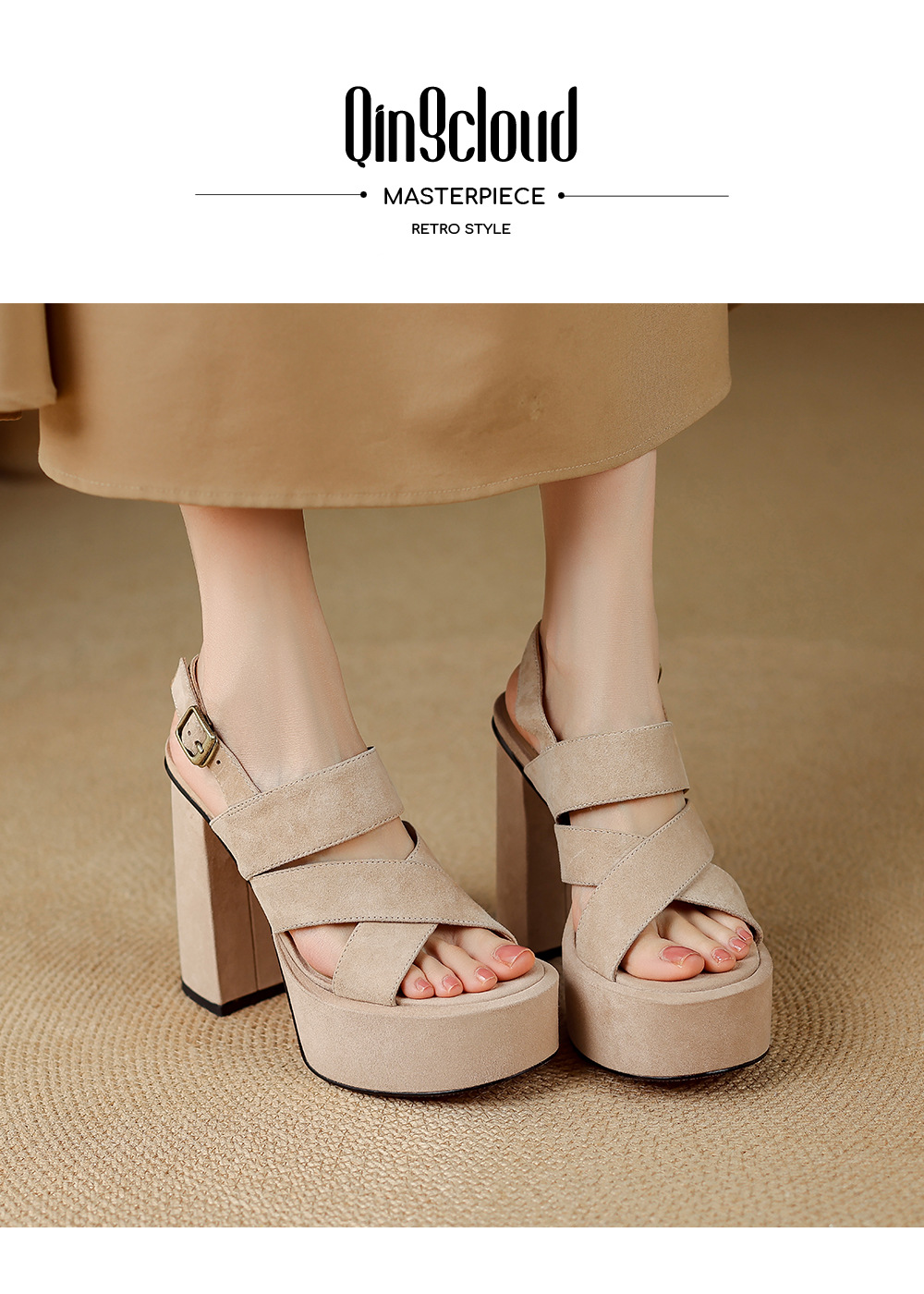 Sandal cao gót nữ hở mũi gót vuông 12 cm, quai ngang đế platform — màu đen, màu mơ chi tiết 1