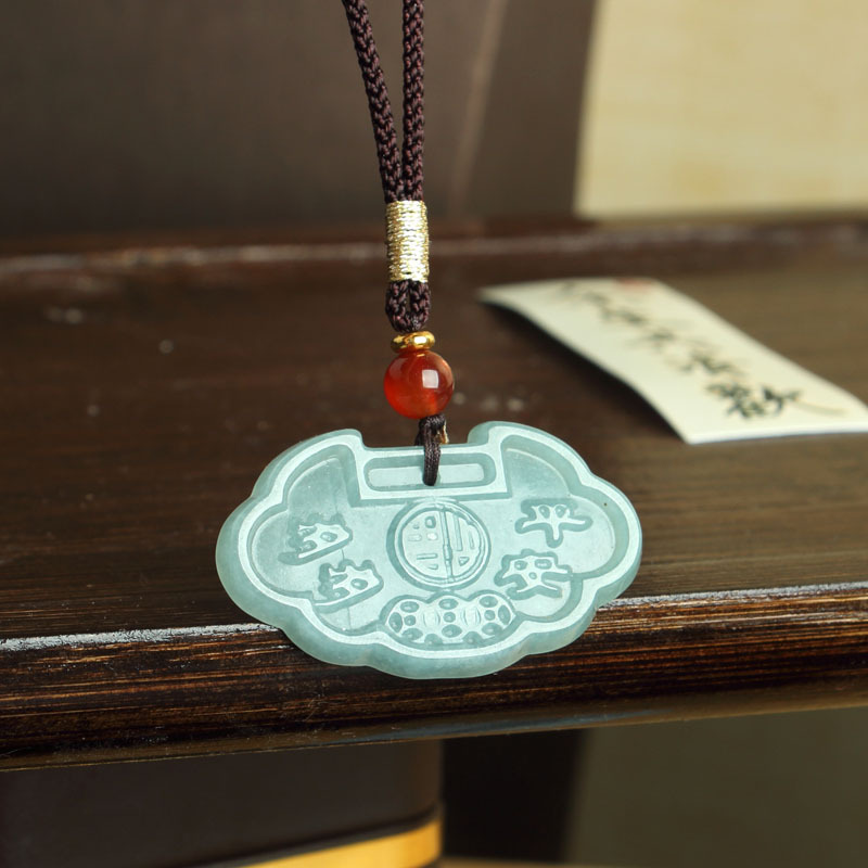 A등급 제다이트 펜던트, 길조의 자물쇠 펜던트, 푸른 물꽃, 풍부하고 길조로운 구름 자물쇠 천연 제다이트 펜던트