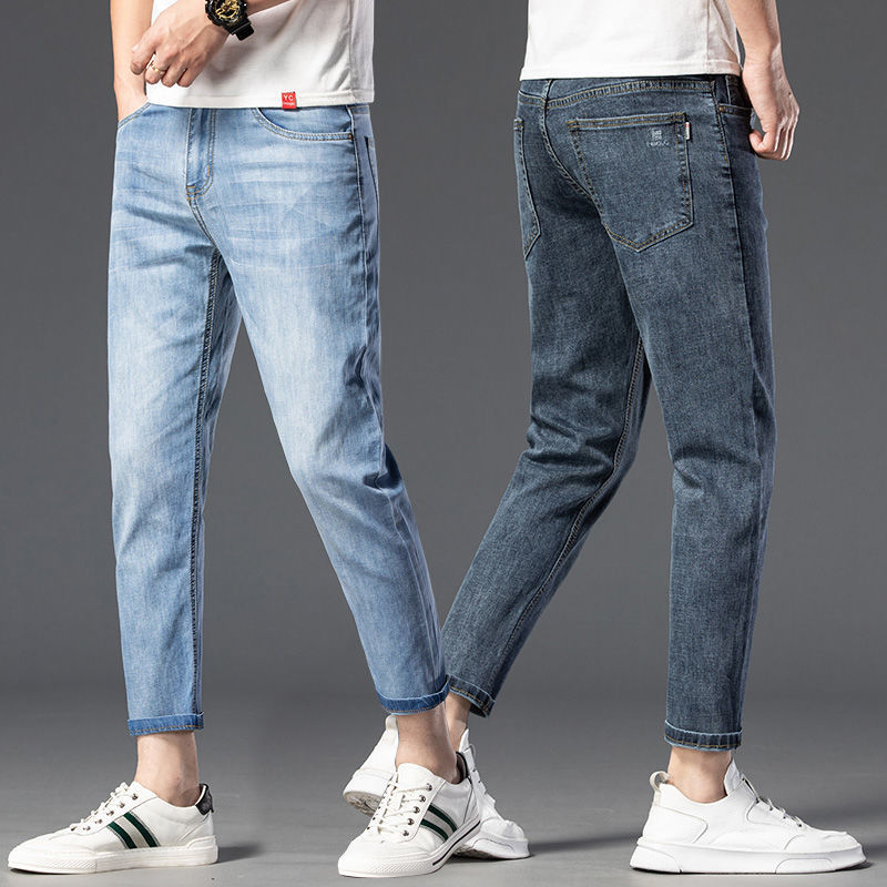 High end jeans for men's summer thin, loose, straight leg elastic slim fit Harlan cropped pants_voghion.com