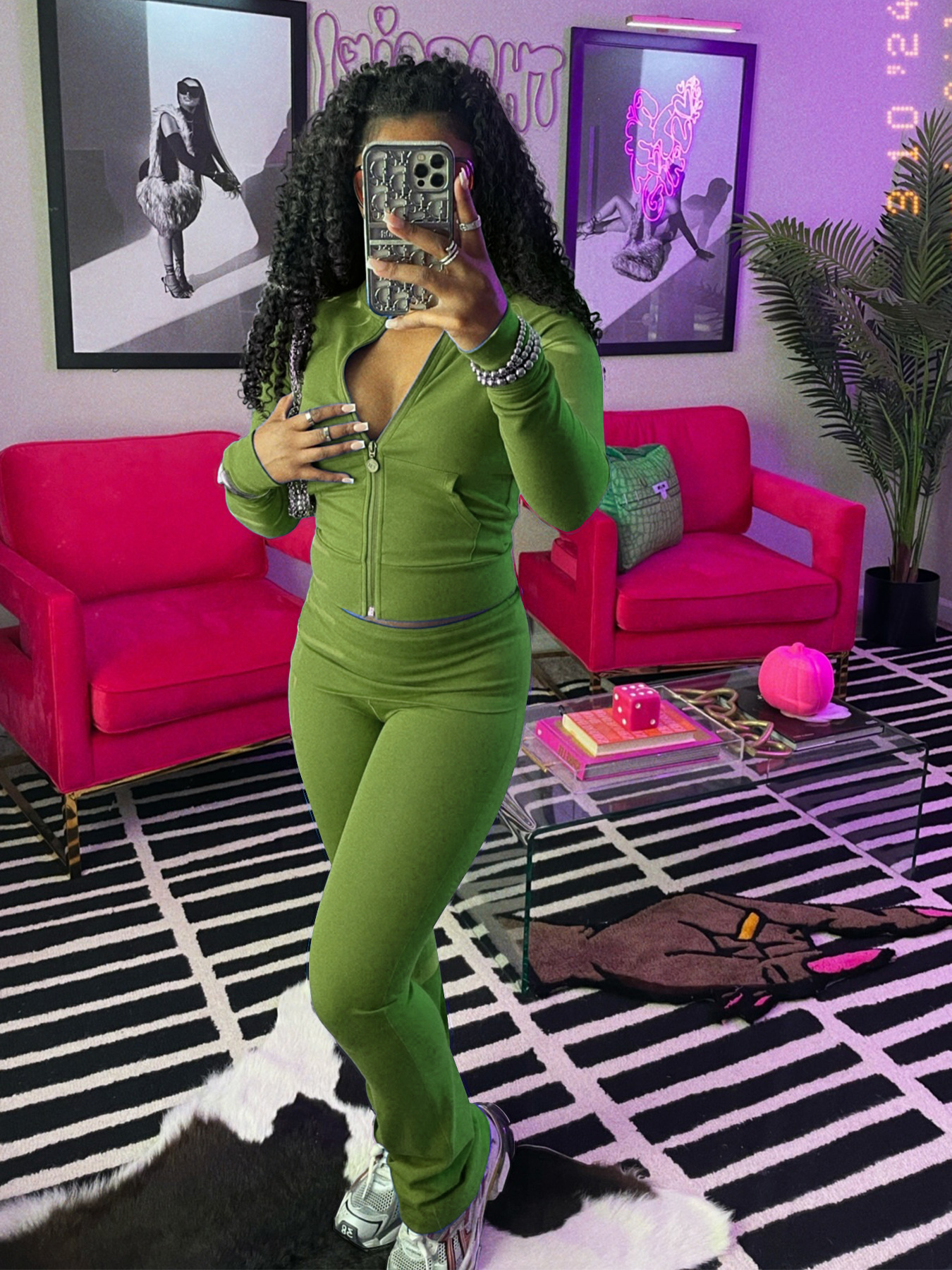 Women Clothing Sports Casual Tight Zipper Low Waist Fold Slightly Flared Fleece Lined Two Piece Sets