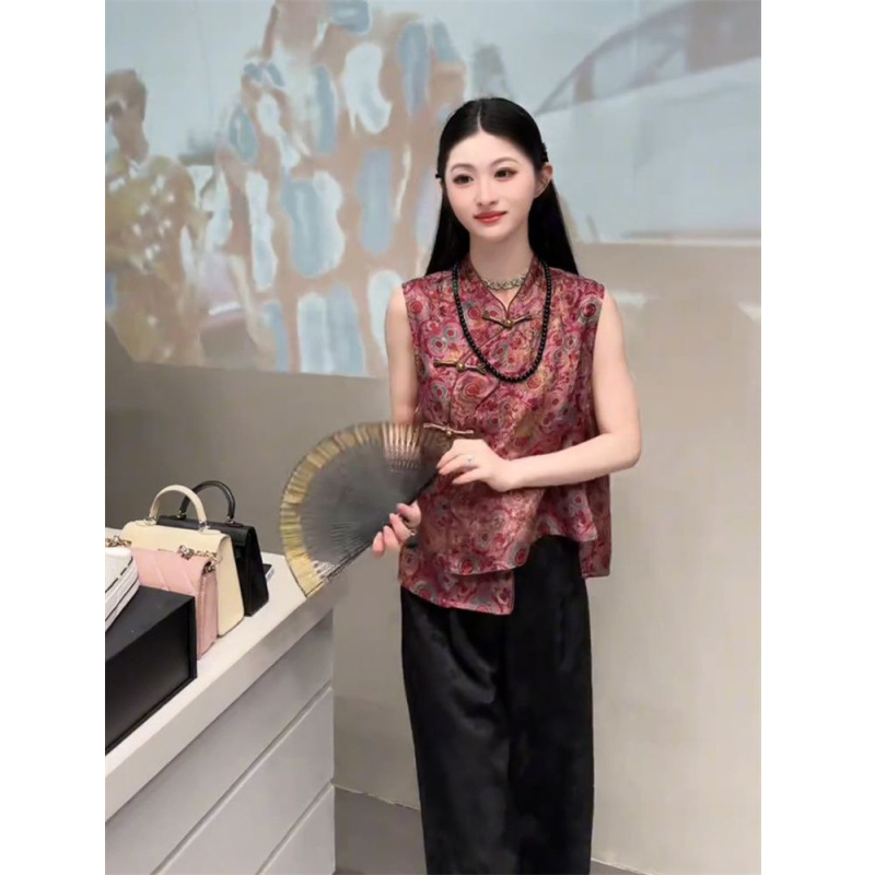 中国風の女性用ベスト 2025 夏の新しいレトロなカラーノースリーブスタンドカラー年齢を軽減する気質のハイエンドトップ|undefined