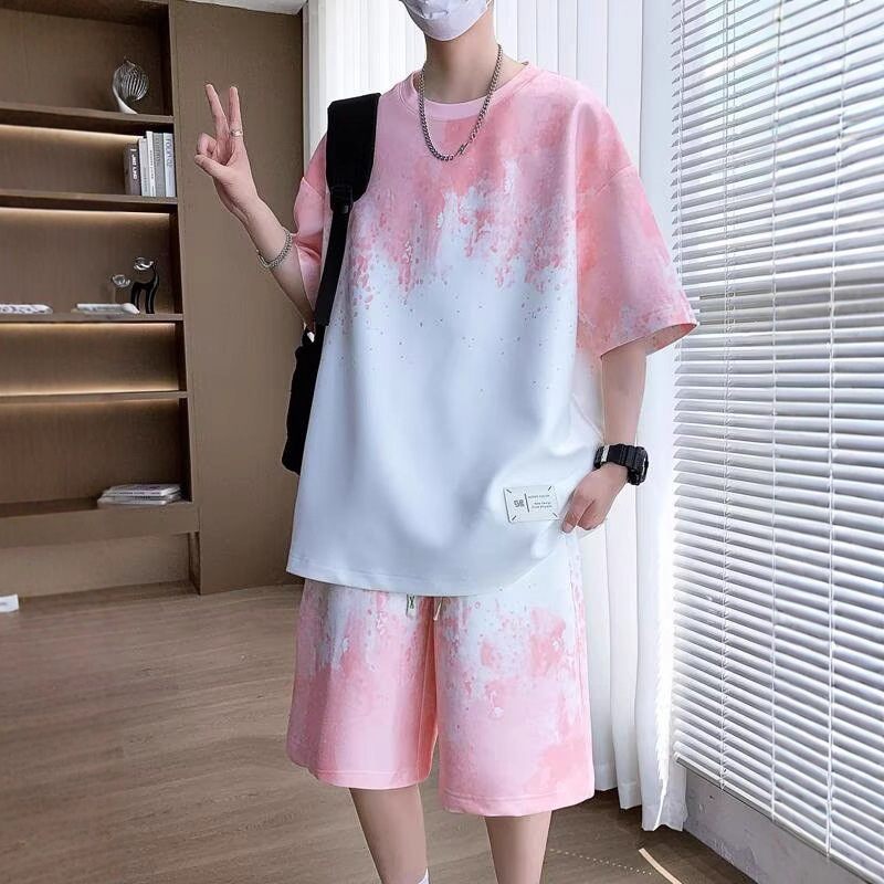 2025 Plus Size 8XL Wear 150kg Youth Summer Short-Sleeved Men's Loose Gradient Tops Boys Half-Sleeved Suit