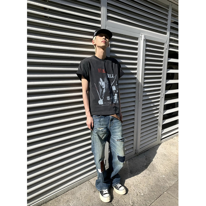 キリング・ビル Tシャツ メンズ 夏 アメリカン ヴィンテージ ストリート スモールネックライン 半袖 ボクシーバージョン 右肩半袖|undefined