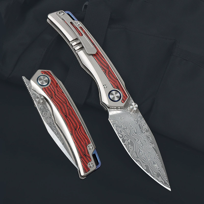 Outdoor high hardness powder-free Damascus steel collection knife Damascus titanium alloy handle folding knife gift box folding knife